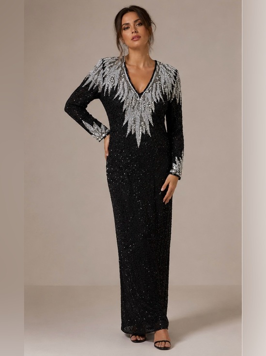Dresses & Skirts - Vintage Black Silver Beaded Sequin Open Back Maxi Dress Size M Long Sleeve
